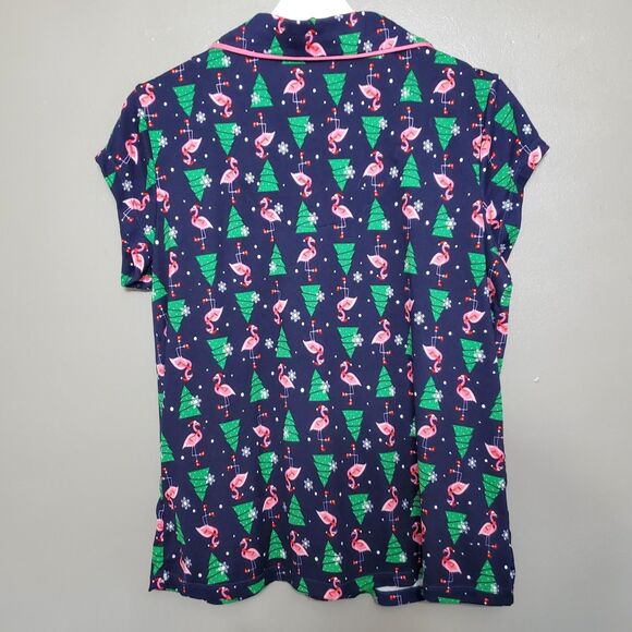 Santa’s Treasures Christmas Shorts Pajamas Size Medium Blue Flamingo Xmas Tree - Picture 4 of 11
